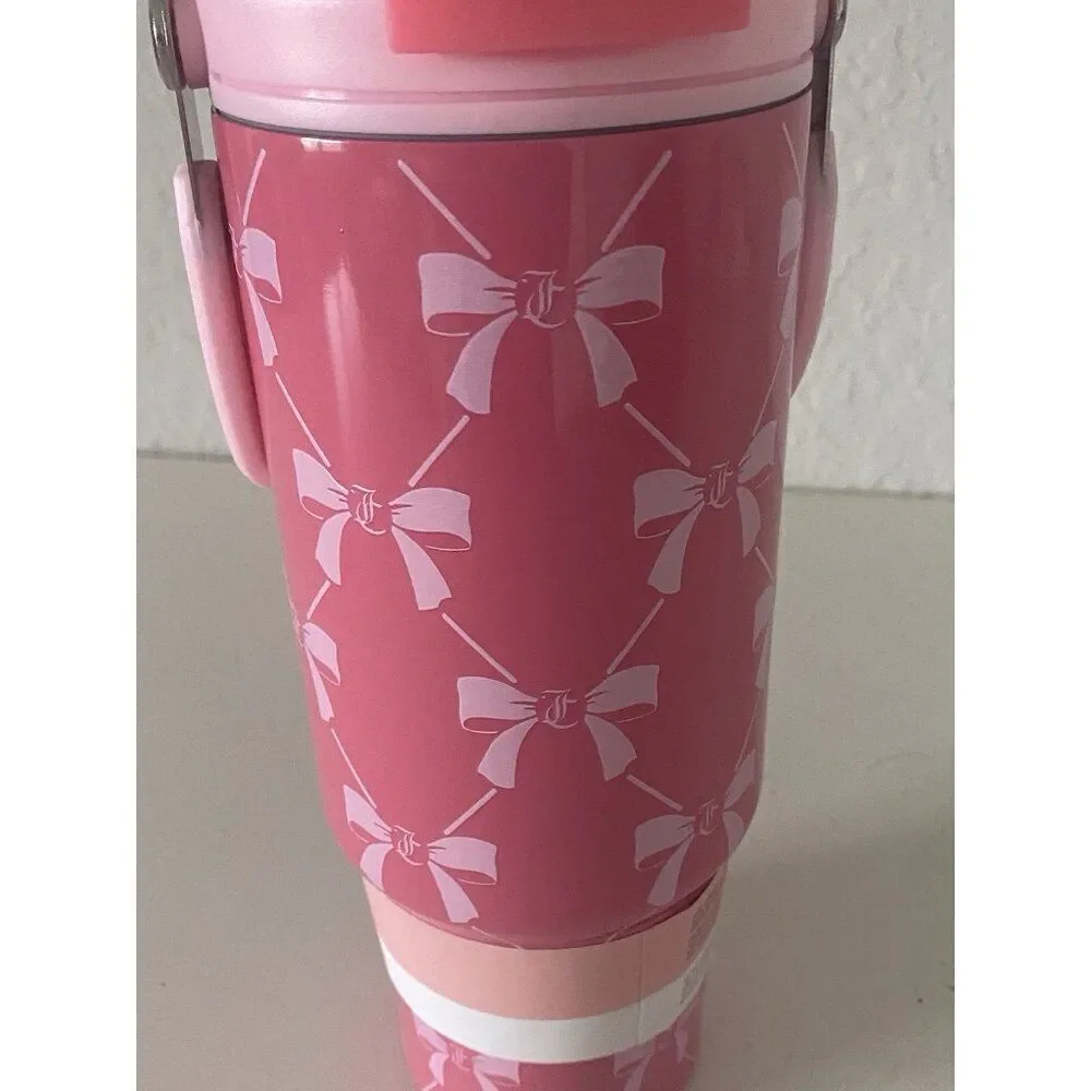 Juicy Couture Pink Bows 40 Oz Tumbler Stainless Steel Steel Oversized Handle NEW